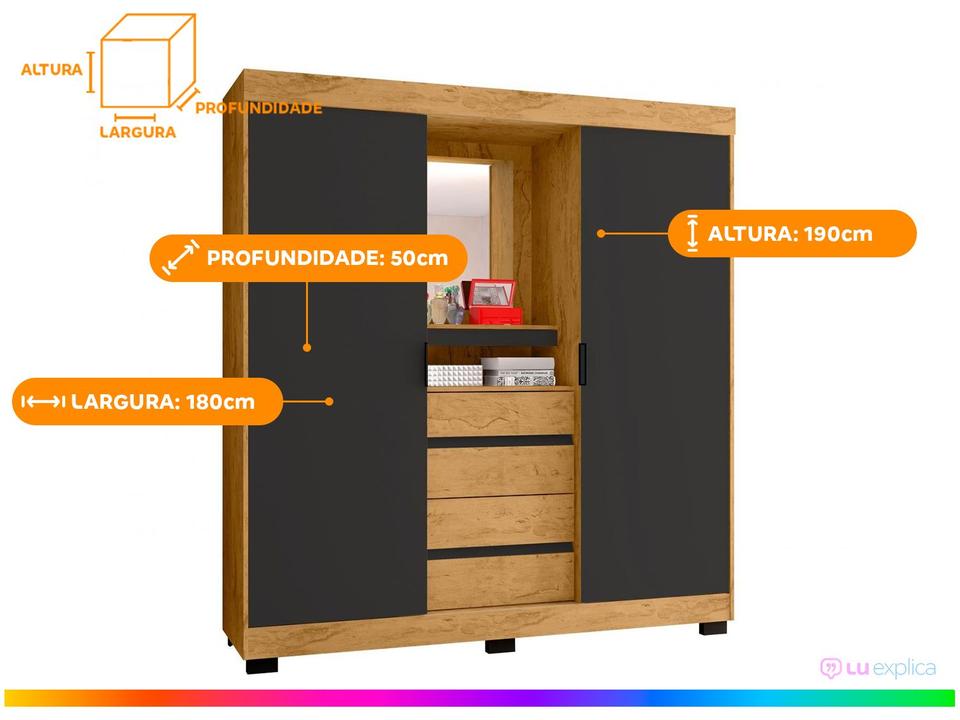 Guarda-roupa Casal com Espelho 2 Portas de Correr 4 Gavetas Araplac Sintra CAP24024 - 3