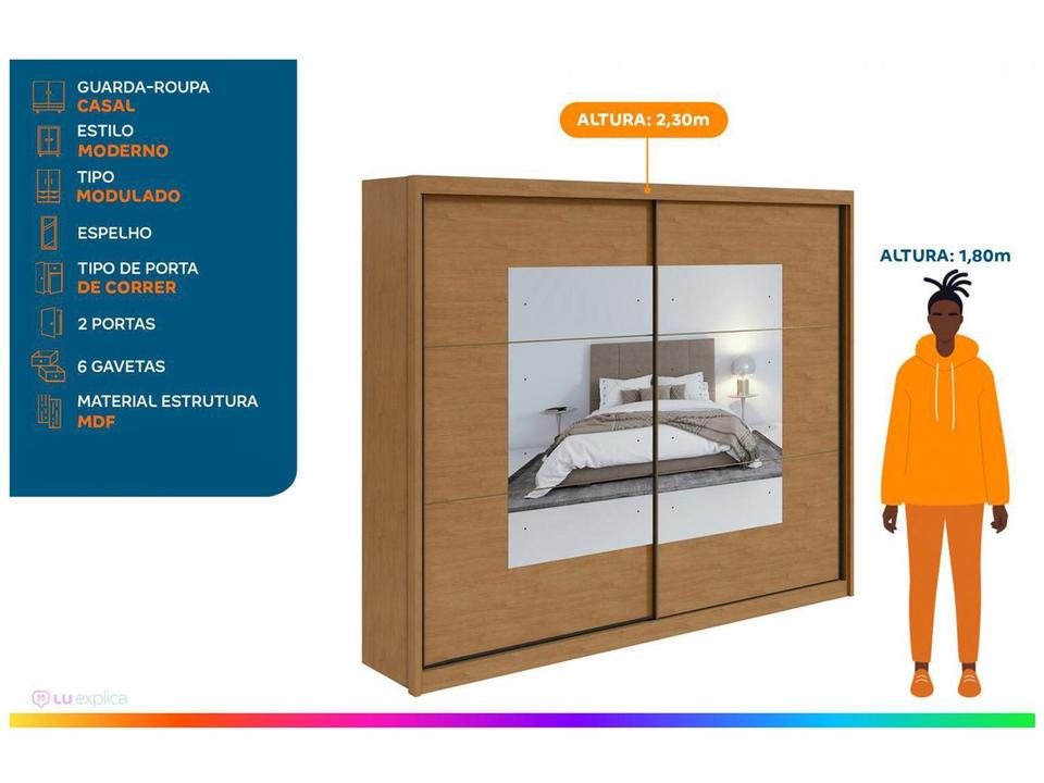 Guarda-roupa Casal com Espelho 2 Portas de Correr 6 Gavetas Caemmun Toronto - 2