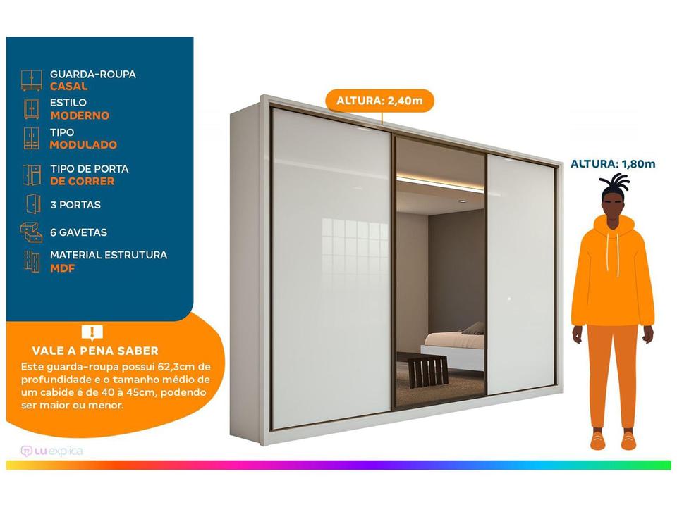 Guarda-roupa Casal com Espelho 3 Portas 6 Gavetas Caemmun Spazio - 1