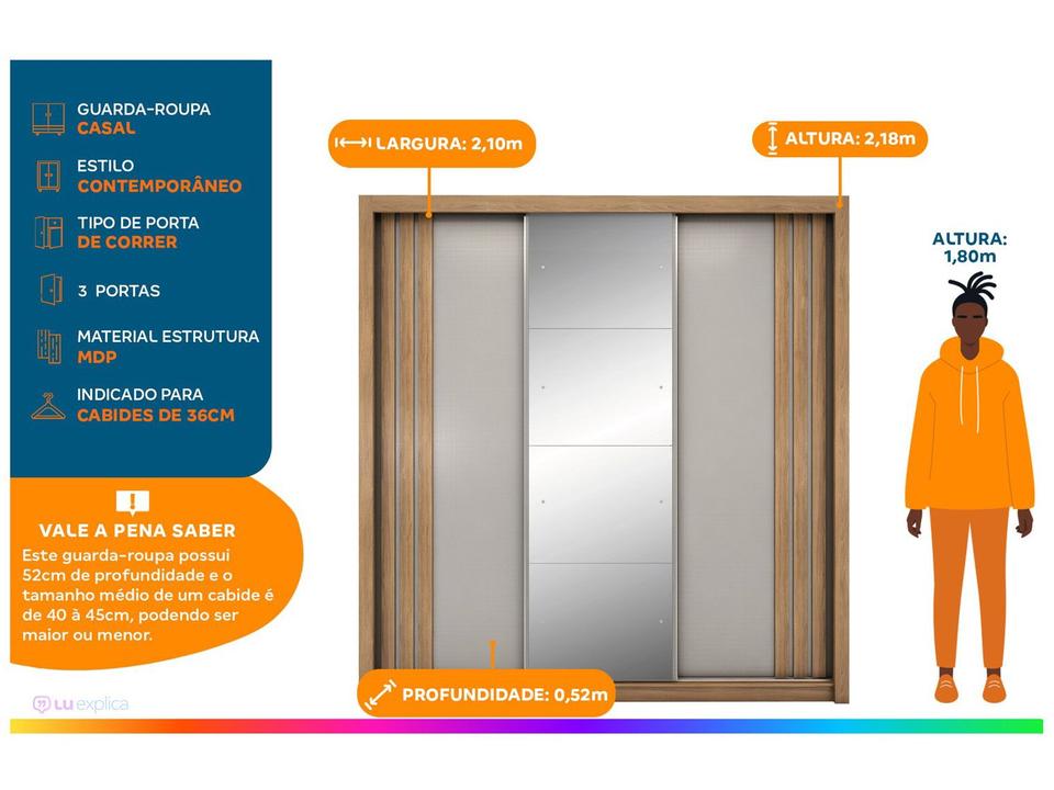 Guarda-roupa Casal com Espelho 3 Portas de Correr 2 Gavetas Demóbile Cannes - 1