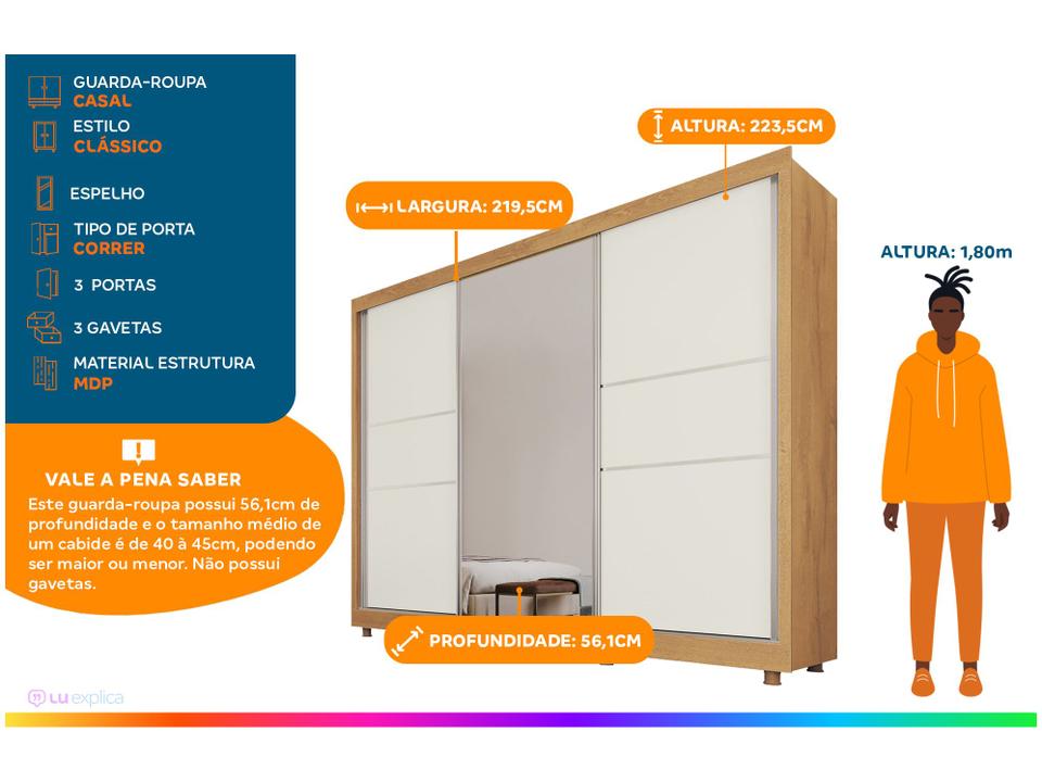 Guarda-roupa Casal com Espelho 3 Portas de Correr 3 Gavetas Europa Maranello 11617.1 - 1