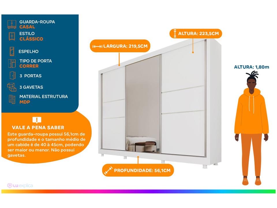 Guarda-roupa Casal com Espelho 3 Portas de Correr - 1