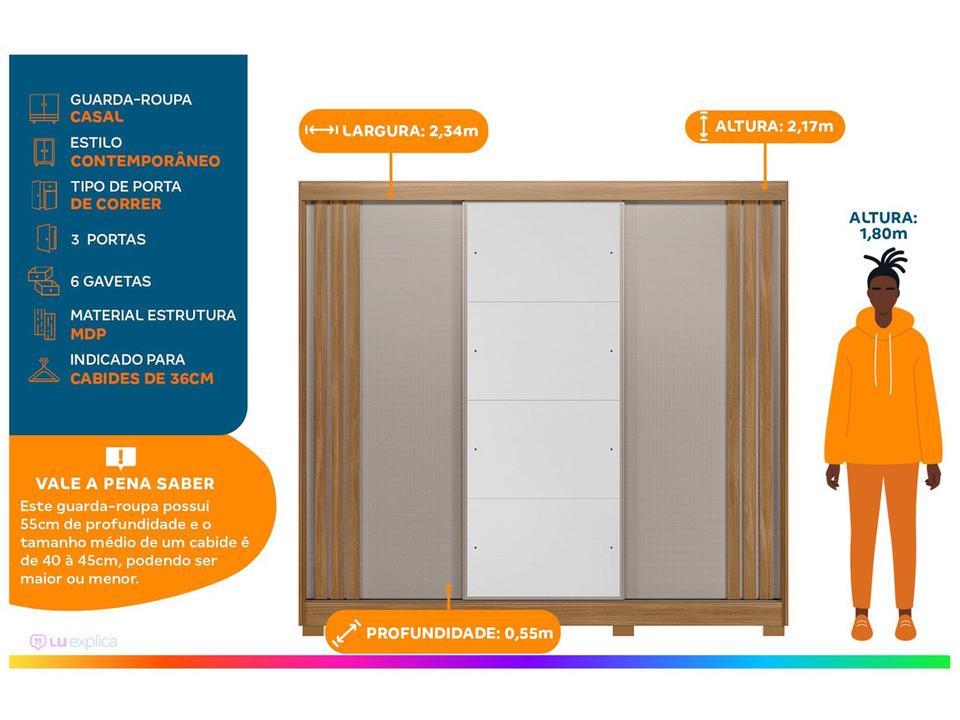 Guarda-roupa Casal com Espelho 3 Portas de Correr 6 Gavetas Demóbile Lille - 1