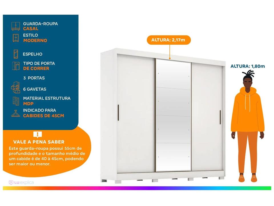 Guarda-roupa Casal com Espelho 3 Portas de Correr 6 Gavetas Demóbile Londres - 1