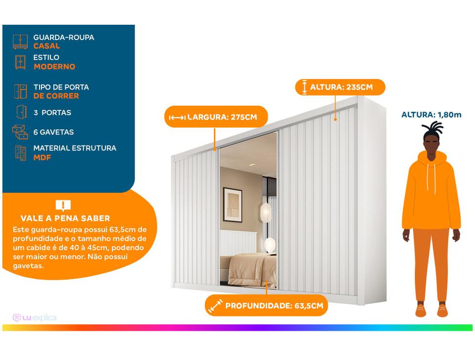 Guarda-roupa Casal com Espelho 3 Portas de Correr - 1