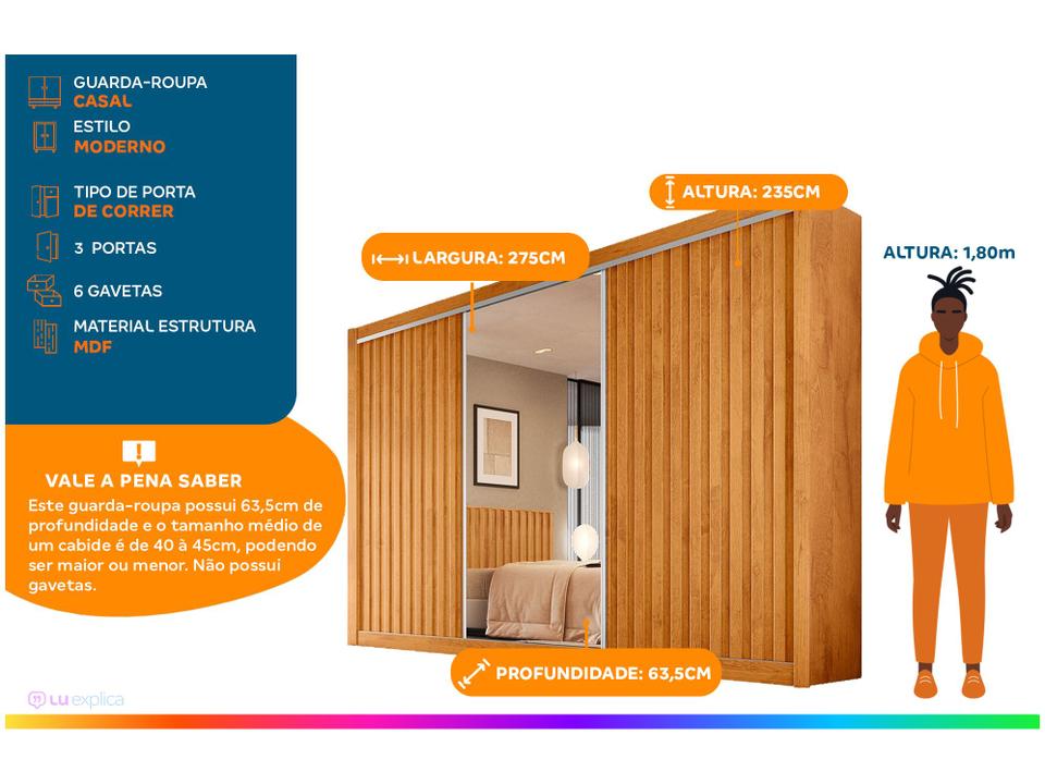 Guarda-roupa Casal com Espelho 3 Portas de Correr - 1