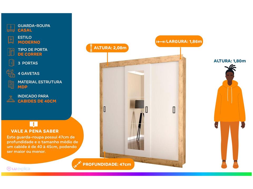 Guarda-roupa Casal com Espelho 3 Portas de Correr Araplac Melissa Glass - 1