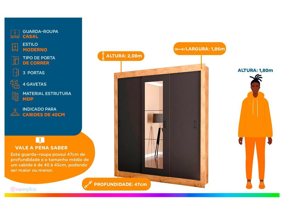 Guarda-roupa Casal com Espelho 3 Portas de Correr Araplac Melissa Glass - 5