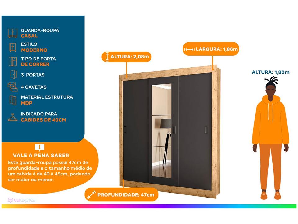 Guarda-roupa Casal com Espelho 3 Portas de Correr Araplac Melissa Glass - 1