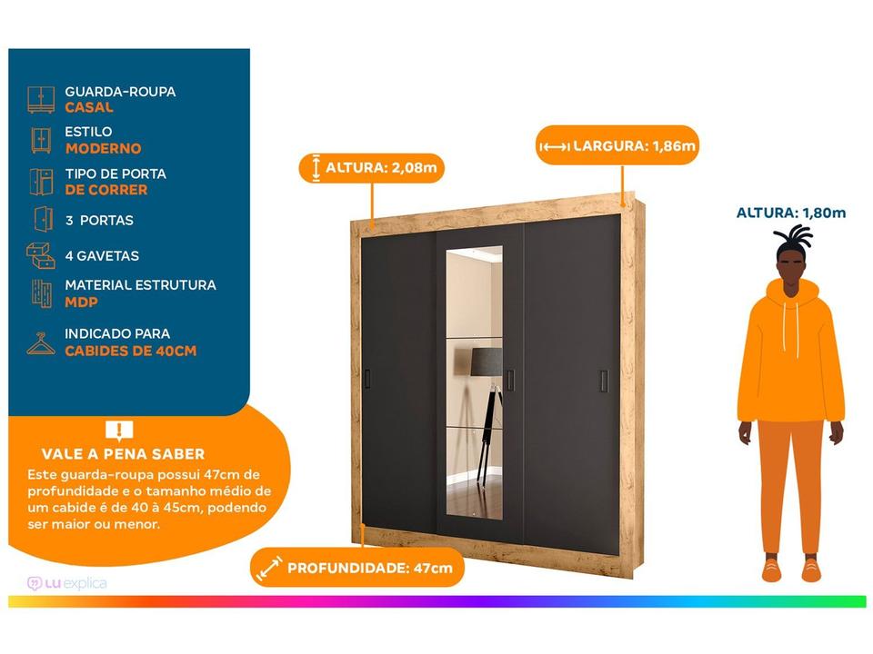 Guarda-roupa Casal com Espelho 3 Portas de Correr Araplac Melissa Glass - 2