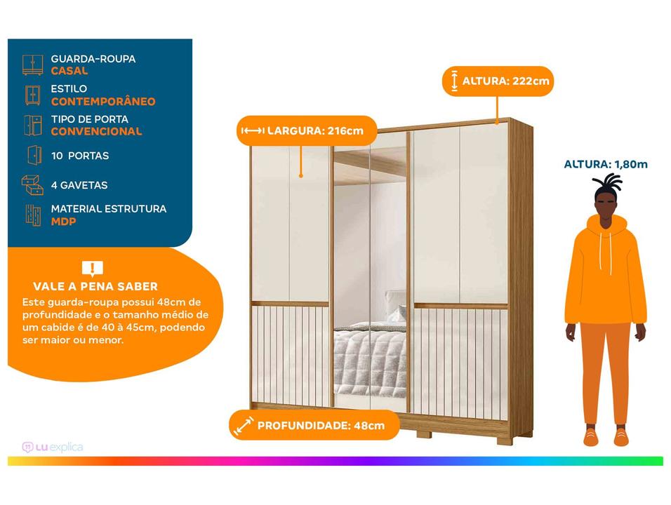 Guarda-roupa Casal com Espelho 4 Gavetas 10 Portas Moval Móveis Crystal Alasca - 1
