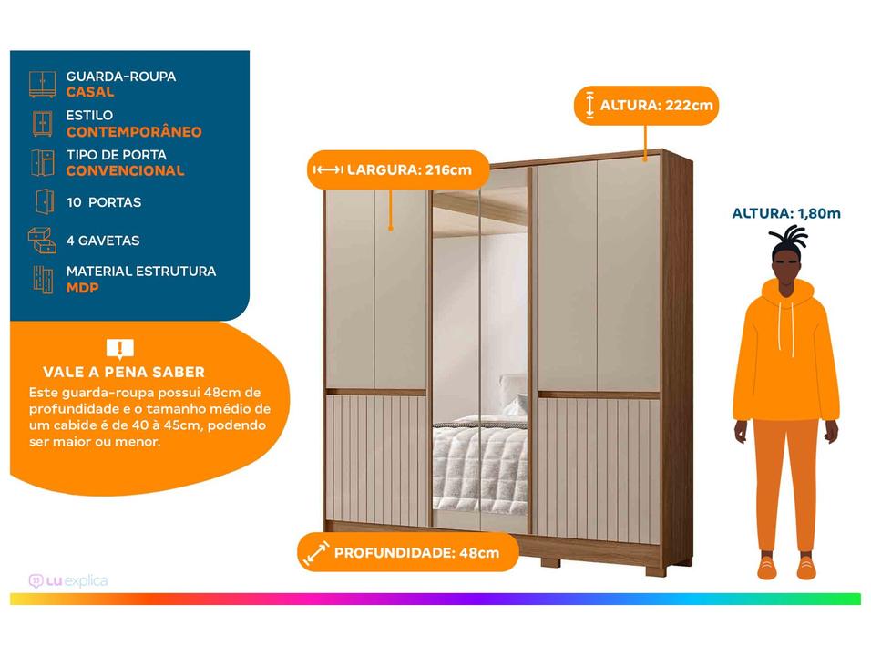 Guarda-roupa Casal com Espelho 4 Gavetas 10 Portas Moval Móveis Crystal Alasca - 1