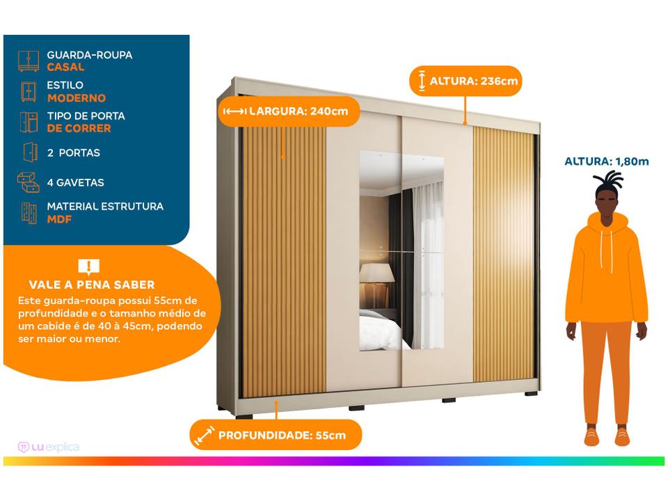 Guarda-roupa Casal com Espelho 4 Gavetas 2 Portas de Correr Araplac Benfica - 1