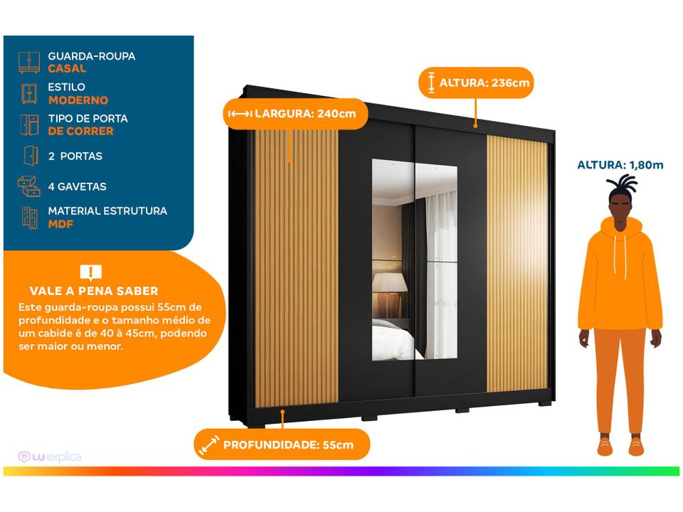 Guarda-roupa Casal com Espelho 4 Gavetas 2 Portas de Correr Araplac Benfica - 1