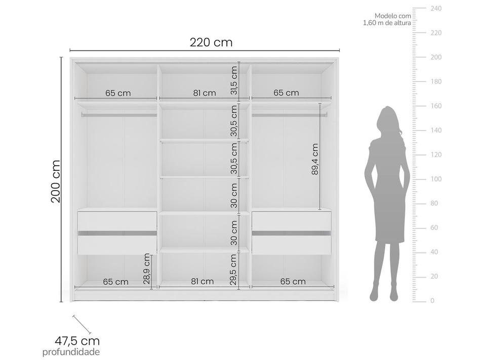 Guarda-roupa Casal com Espelho 4 Gavetas 3 Portas de Correr Politorno Lisboa - 3