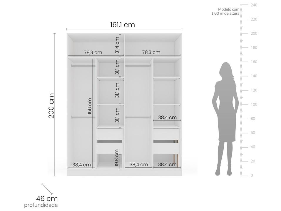 Guarda-roupa Casal com Espelho 4 Gavetas 4 Portas Politorno Porto - 3