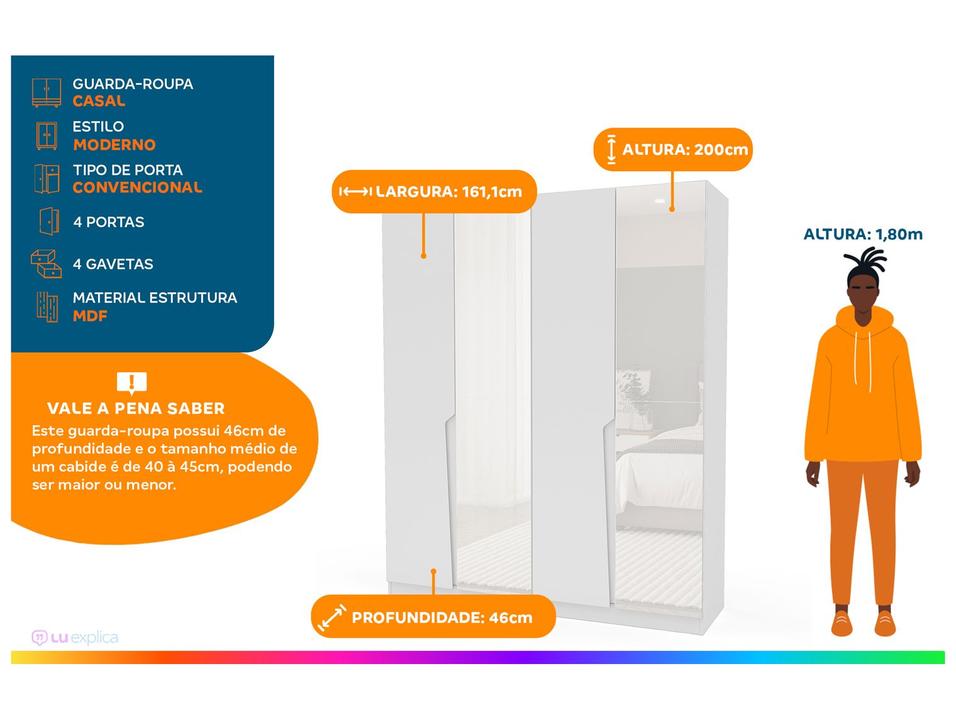 Guarda-roupa Casal com Espelho 4 Gavetas 4 Portas Politorno Porto - 1