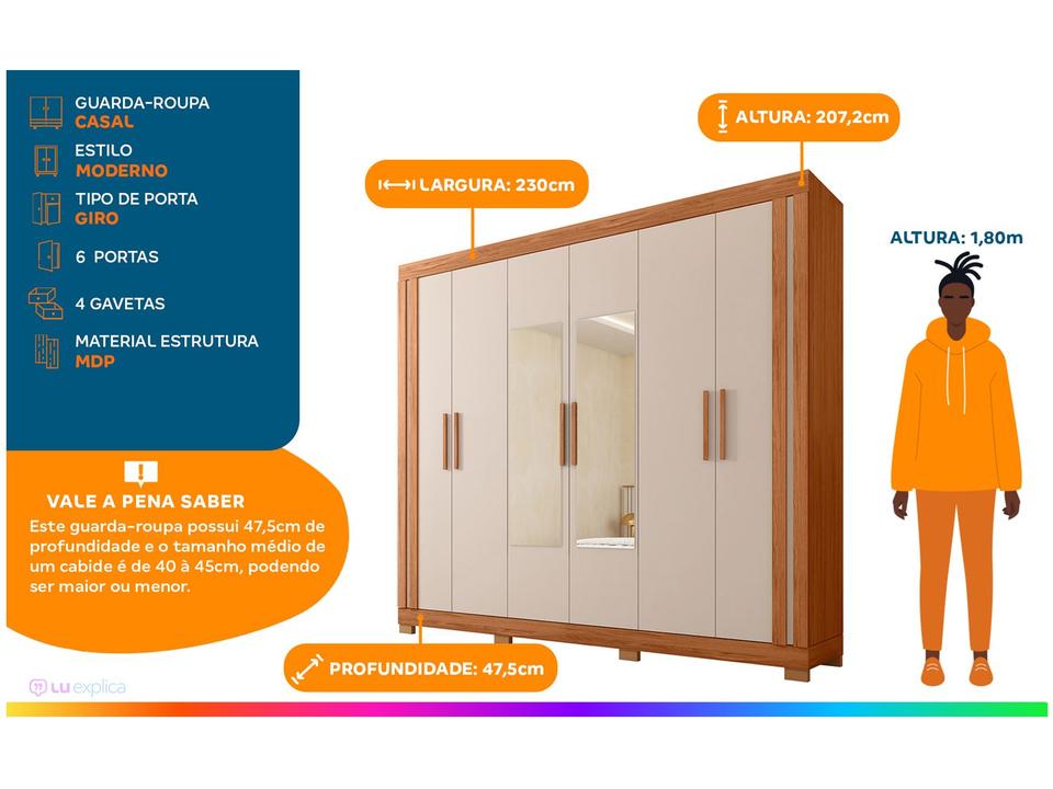 Guarda-roupa Casal com Espelho 4 Gavetas 6 Portas Caemmun Éden - 1