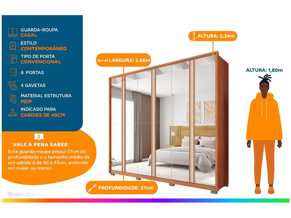 Guarda-roupa Casal com Espelho 4 Gavetas 6 Portas Caemmun Gladiador - 1