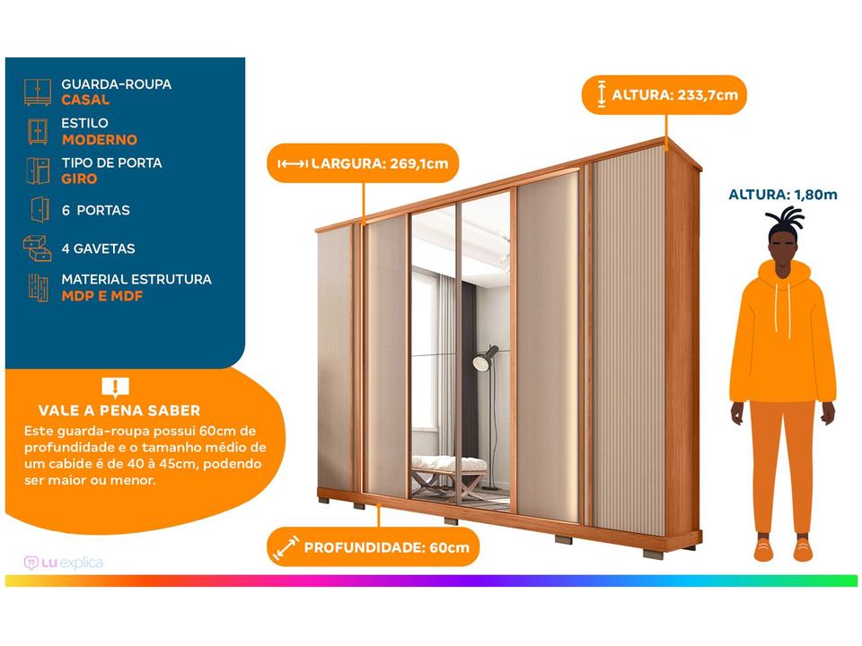 Guarda-roupa Casal com Espelho 4 Gavetas 6 Portas Caemmun Mestre - 2