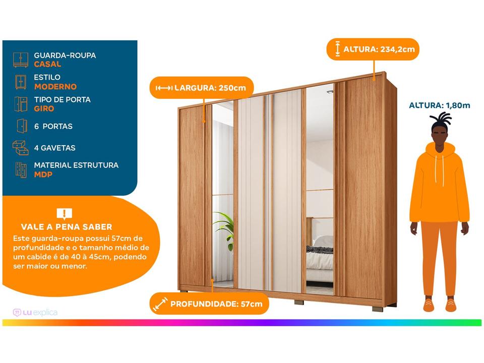 Guarda-roupa Casal com Espelho 4 Gavetas 6 Portas Caemmun Mozart - 1