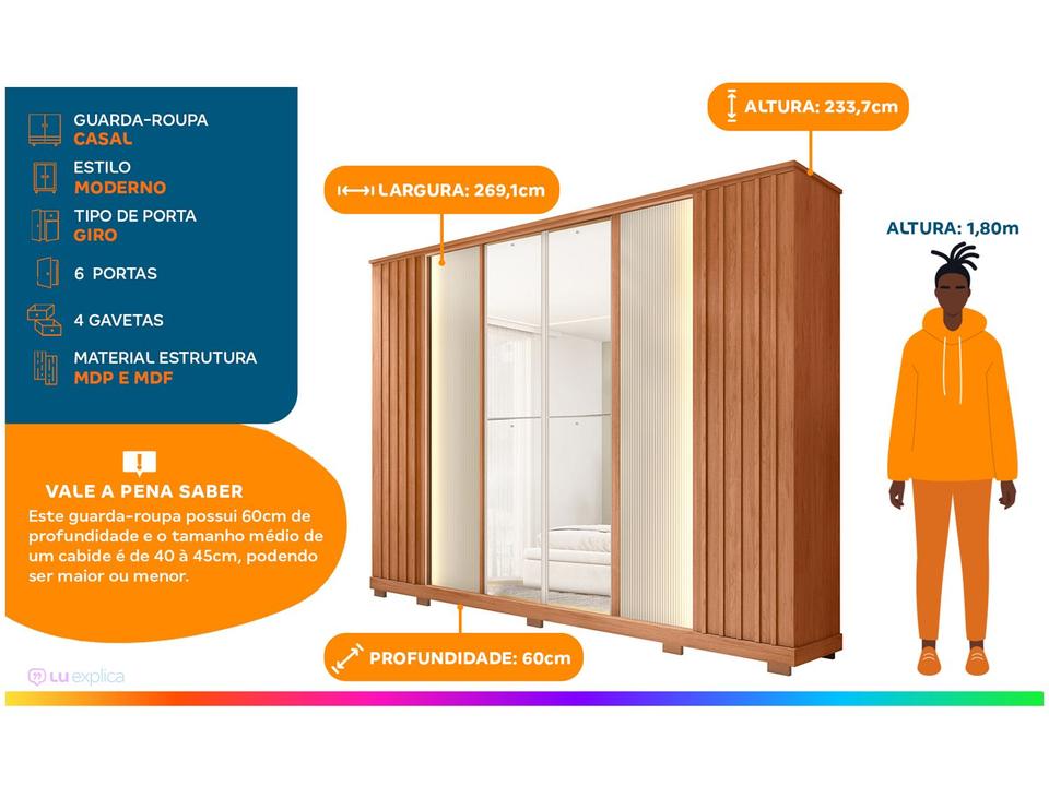 Guarda-roupa Casal com Espelho 4 Gavetas 6 Portas Caemmun Riva - 2