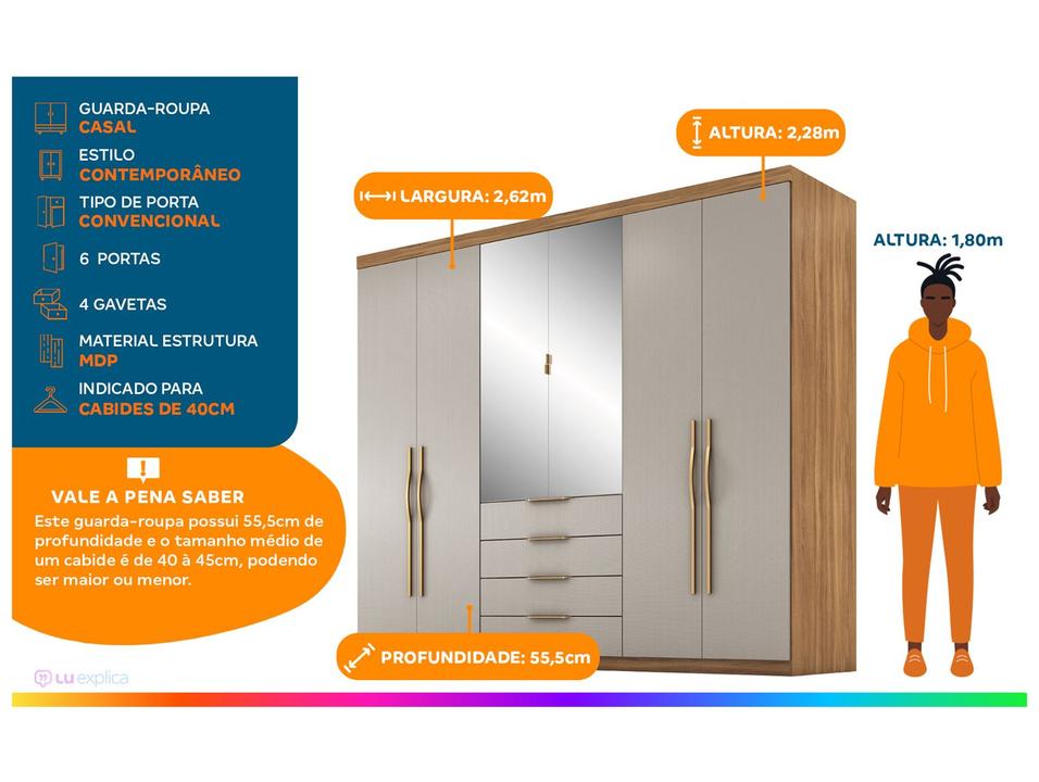 Guarda-roupa Casal com Espelho 4 Gavetas 6 Portas Demobile Giardino - 1