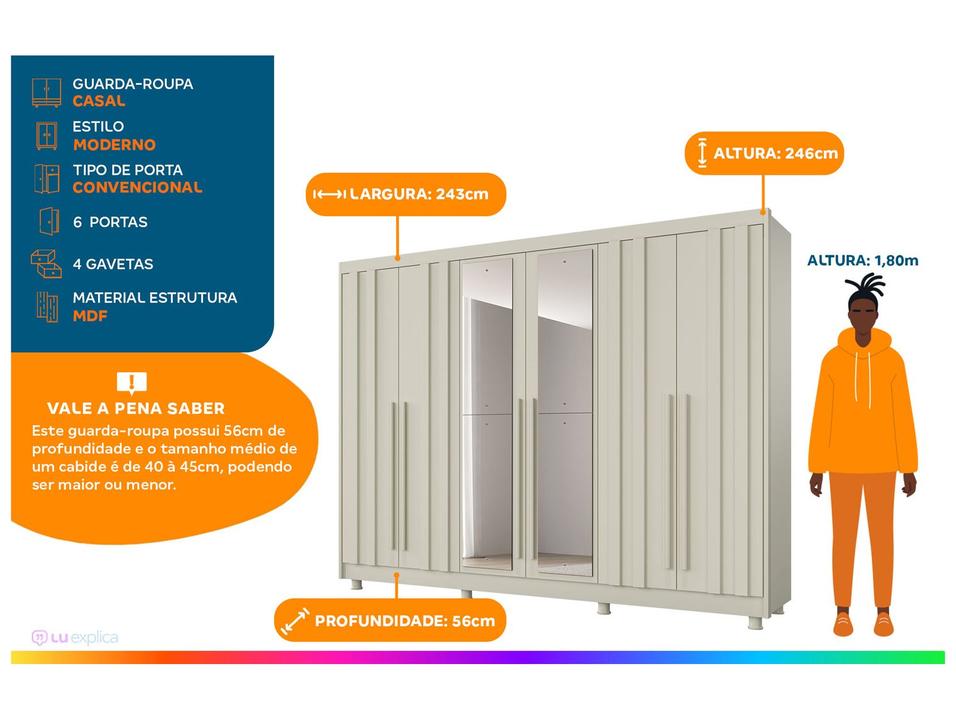 Guarda-roupa Casal com Espelho 4 Gavetas 6 Portas Made Marcs Torino - 1
