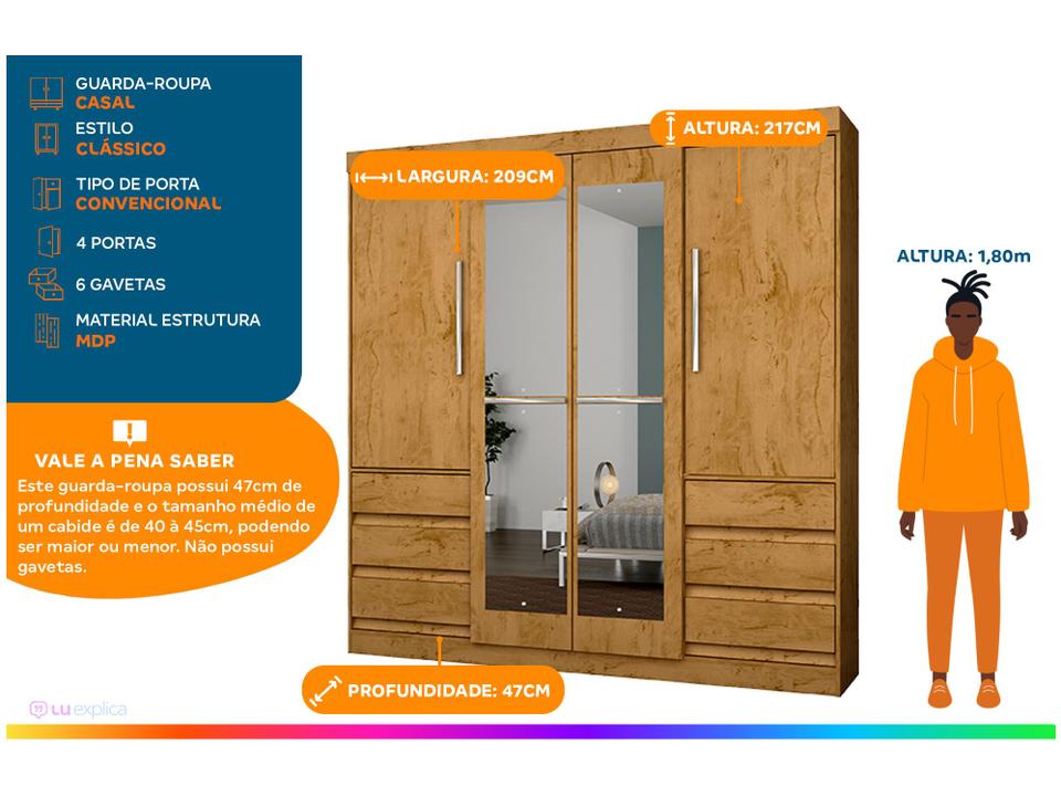 Guarda-roupa Casal com Espelho 4 Portas 6 Gavetas Araplac Atraente Sofia - 1