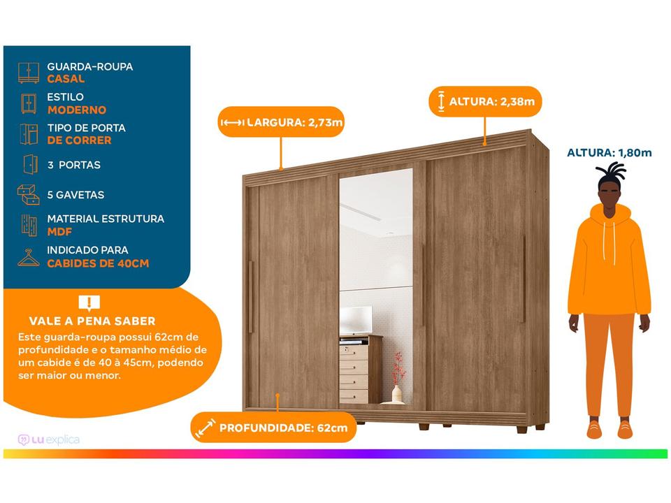 Guarda-roupa Casal com Espelho 5 Gavetas 3 Portas de Correr Móveis Lanza Milão - 1