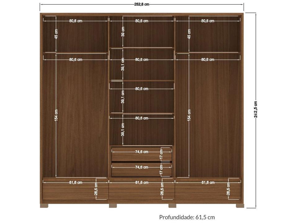 Guarda-roupa Casal com Espelho 5 Gavetas 3 Portas de Correr Santos Andirá Democrata - 4