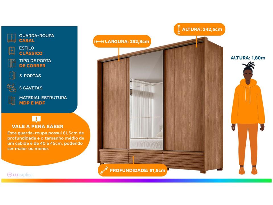 Guarda-roupa Casal com Espelho 5 Gavetas 3 Portas de Correr Santos Andirá Democrata - 2