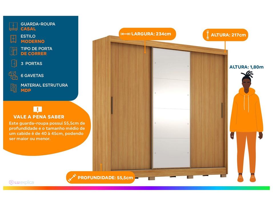Guarda-roupa Casal com Espelho 6 Gavetas 3 Portas de Correr Demobile Londres - 2