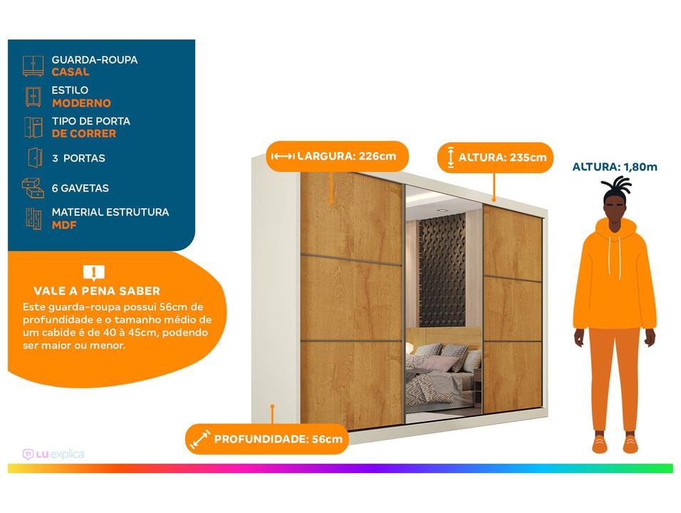 Guarda-roupa Casal com Espelho 6 Gavetas 3 Portas de Correr Móveis Europa Bragança - 1