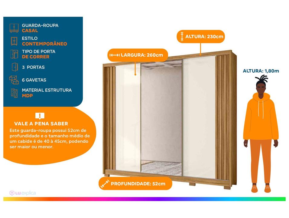 Guarda-roupa Casal com Espelho 6 Gavetas 3 Portas Moval Móveis Inspiração Arizona - 1