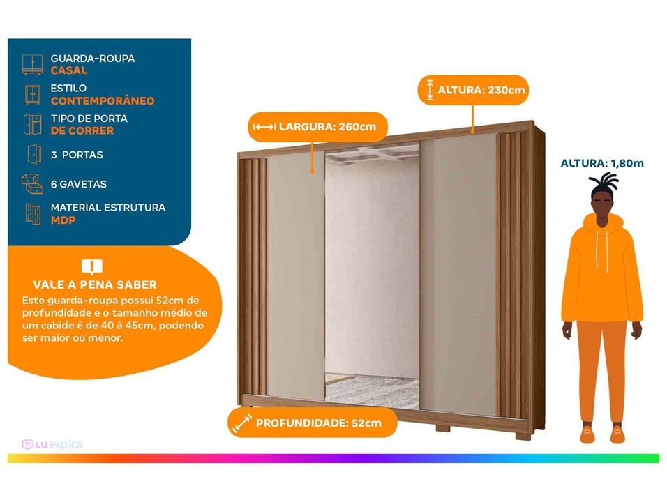 Guarda-roupa Casal com Espelho 6 Gavetas 3 Portas Moval Móveis Inspiração Arizona - 1