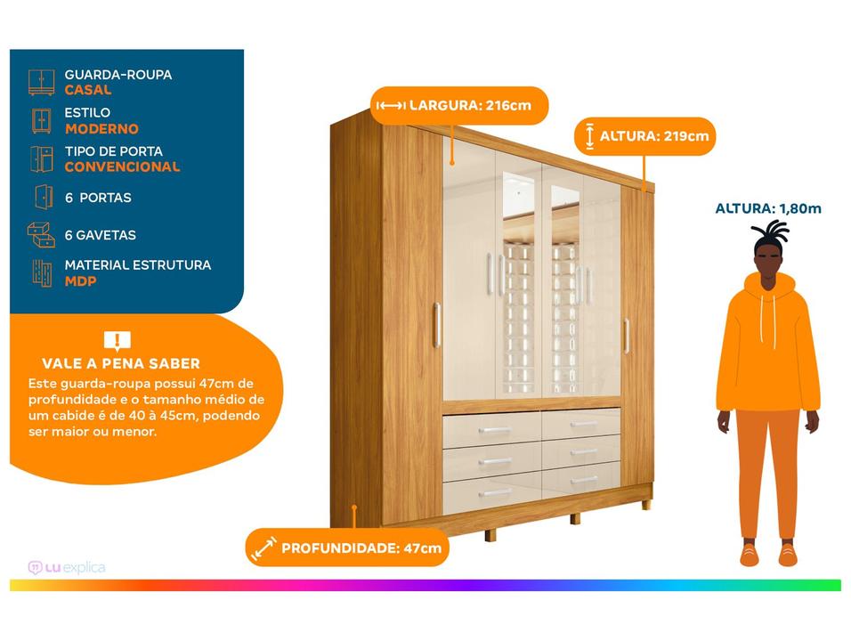 Guarda-roupa Casal com Espelho 6 Gavetas 6 Portas Demobile - 1