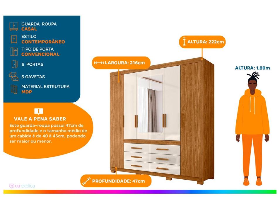Guarda-roupa Casal com Espelho 6 Gavetas 6 Portas Moval França - 3