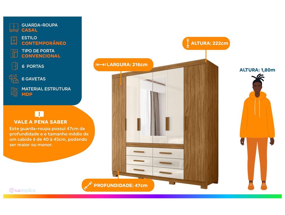 Guarda-roupa Casal com Espelho 6 Gavetas 6 Portas Moval França - 1