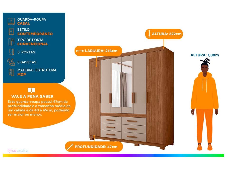 Guarda-roupa Casal com Espelho 6 Gavetas 6 Portas Moval França - 3