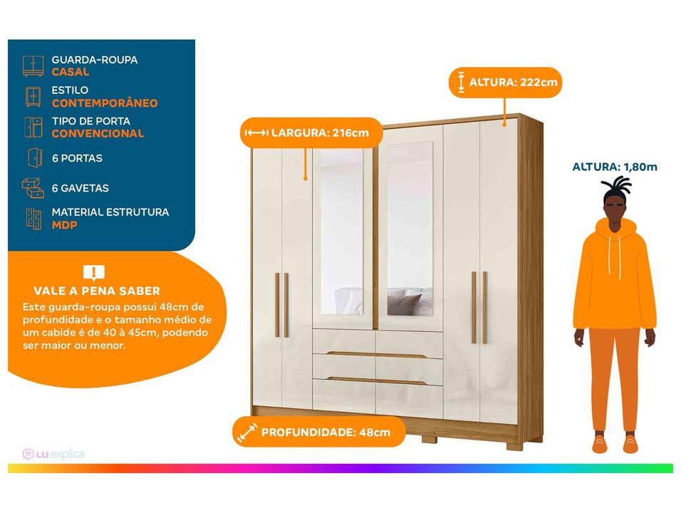 Guarda-roupa Casal com Espelho 6 Gavetas 6 Portas Moval Móveis Crystal San Francisco - 1