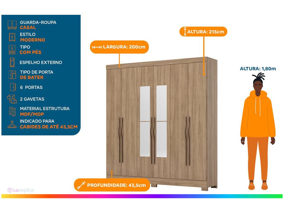 Guarda-roupa Casal com Espelho 6 Portas 2 Gavetas Briz B368 - 1