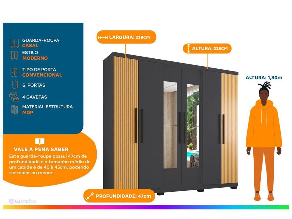 Guarda-roupa Casal com Espelho 6 Portas 4 Gavetas Araplac Braga - 1