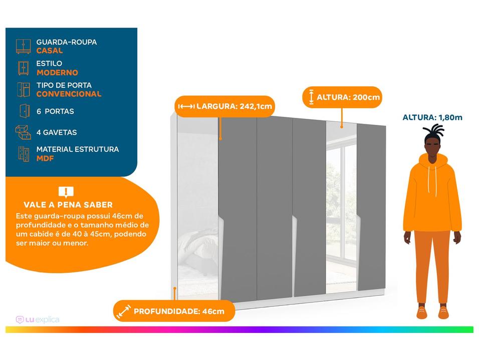 Guarda-roupa Casal com Espelho 6 Portas 4 Gavetas Politorno Porto - 1