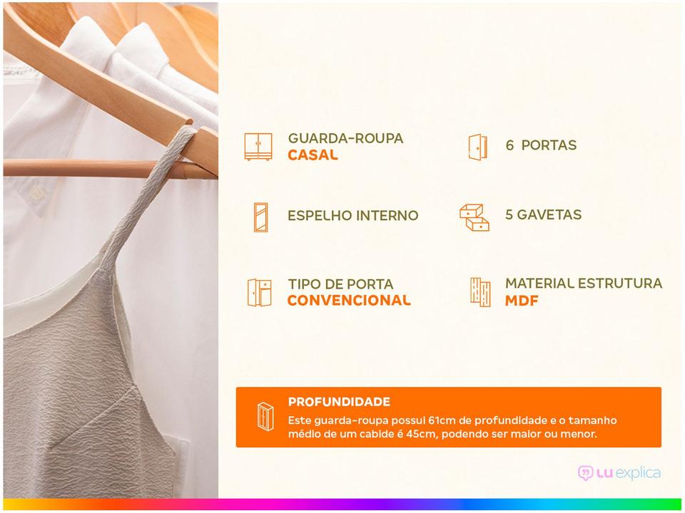 Guarda-roupa Casal com Espelho 6 Portas  - 5 Gavetas Móveis L - 1