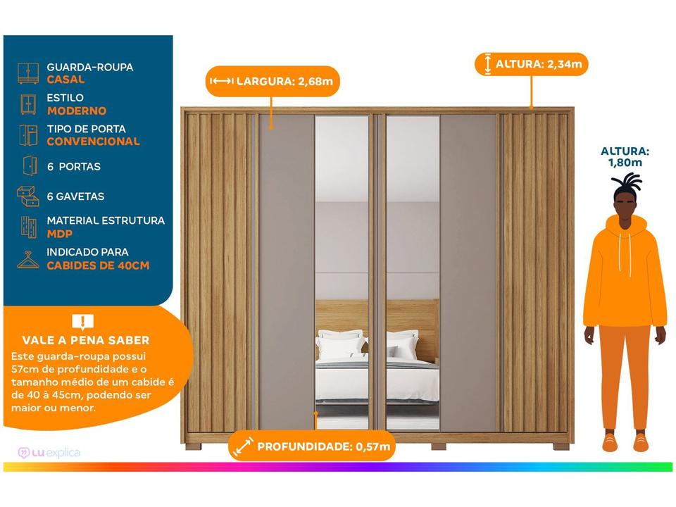 Guarda-roupa Casal com Espelho 6 Portas 6 Gavetas Caemmun Apollo - 1