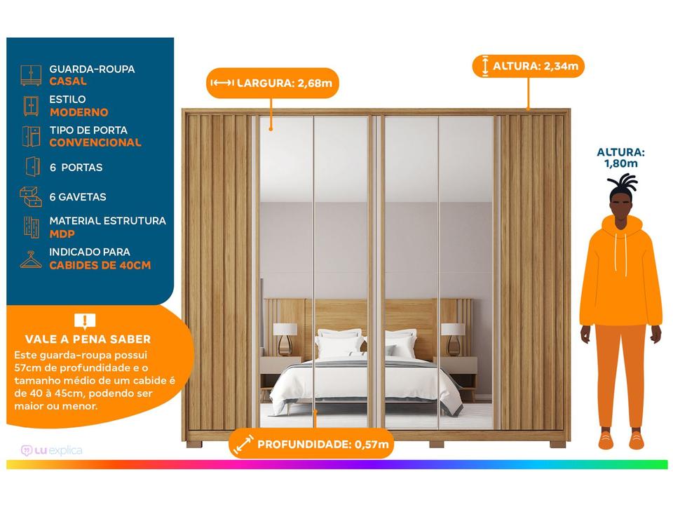 Guarda-roupa Casal com Espelho 6 Portas 6 Gavetas Caemmun Apollo - 1