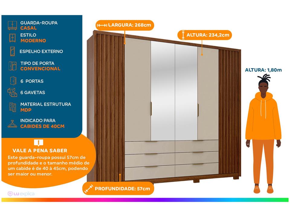 Guarda-roupa Casal com Espelho 6 Portas 6 Gavetas Caemmun Maximus - 1