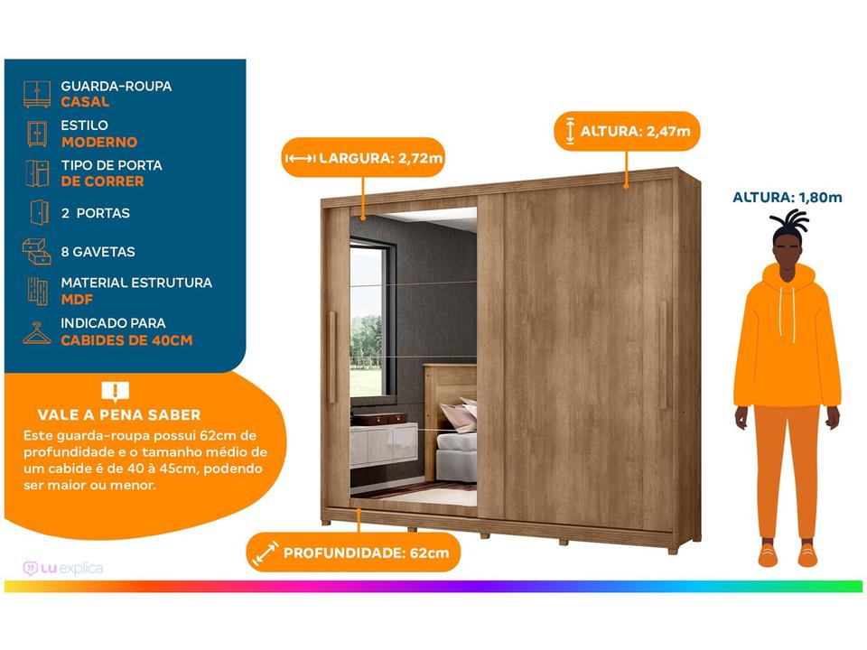 Guarda-roupa Casal com Espelho 8 Gavetas 2 Portas Móveis Lanza Londres - 1