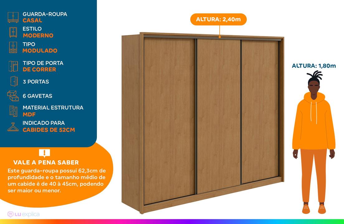 Guarda-roupa Casal Modulado 3 Portas de Correr 6 Gavetas Móveis Lopas Spazio - 2